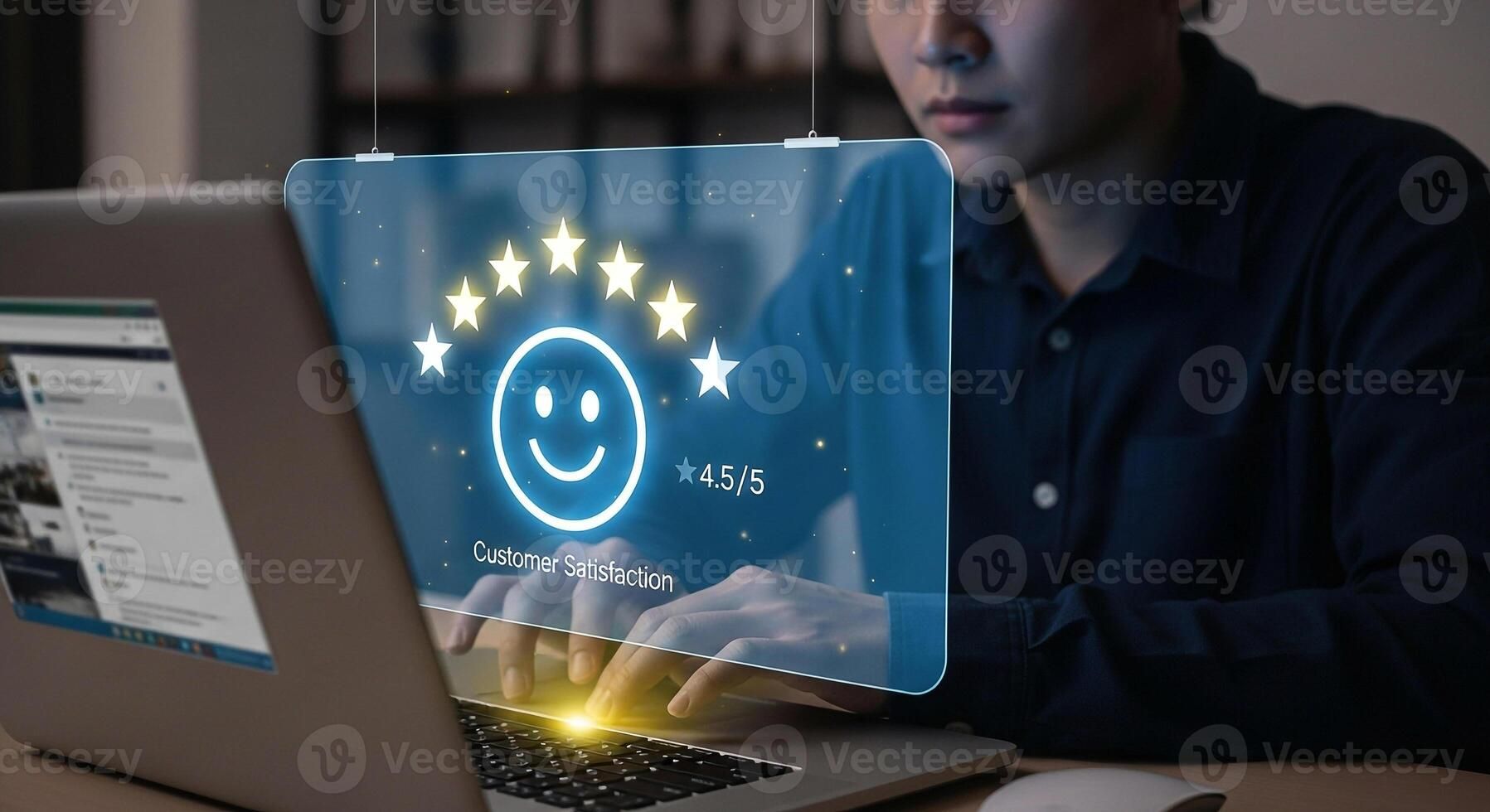 Person carefully checking seller reviews and ratings on a laptop before hiring