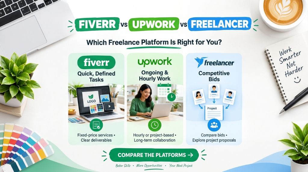Fiverr vs Upwork vs Freelancer — which freelance platform is right for you? comparison banner
