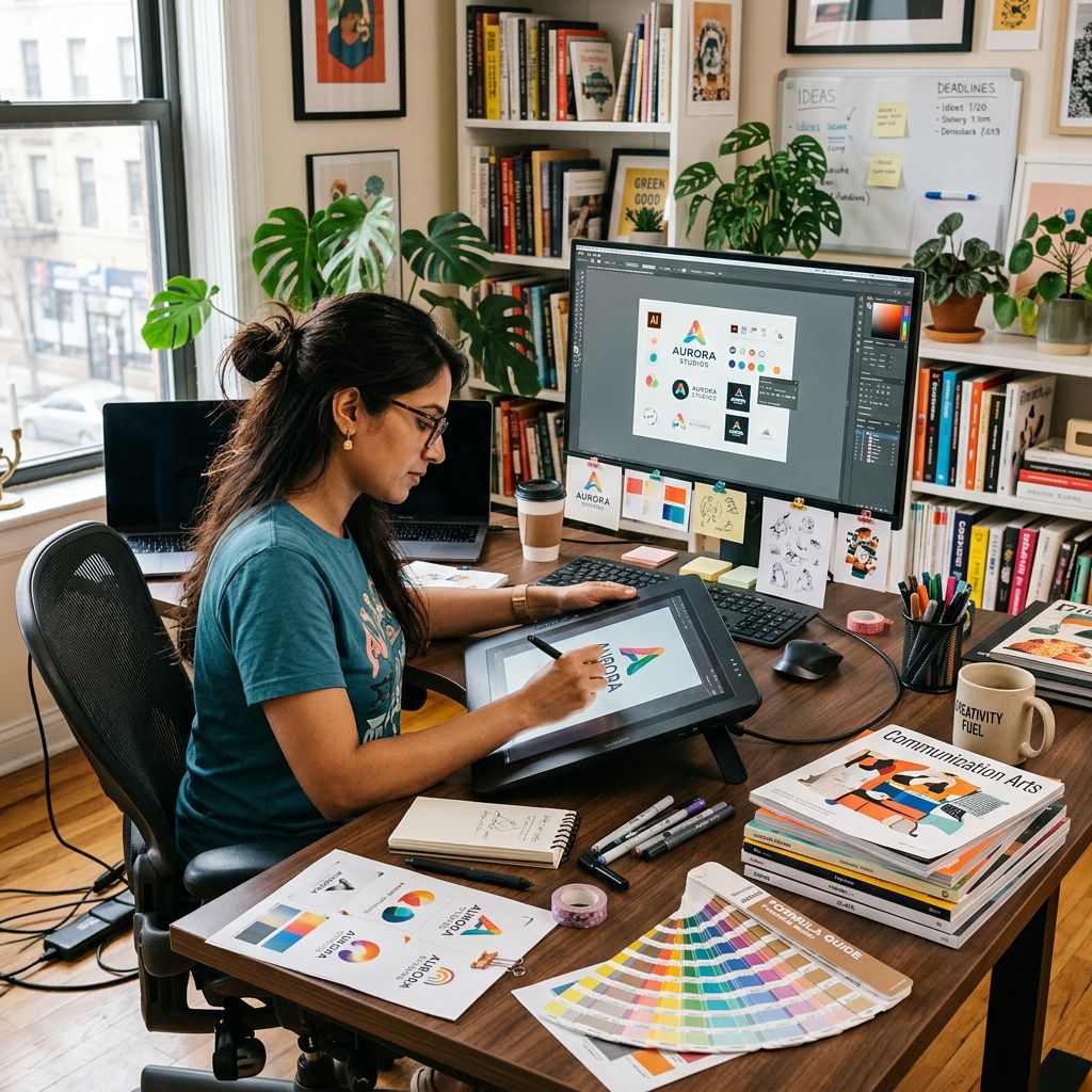 Freelance graphic designer sketching logo concepts